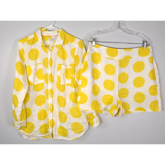 Boden Pants - BODEN 2 Piece Linen Button Top 14P Shorts 14 Summer Set White Yellow Polka Dot